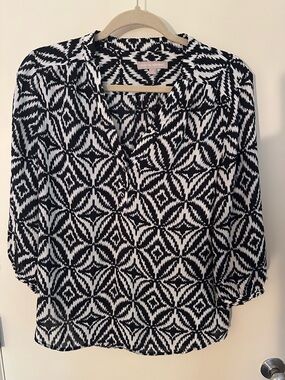 Banana Republic Black and White Geometric Split-Neck Blouse